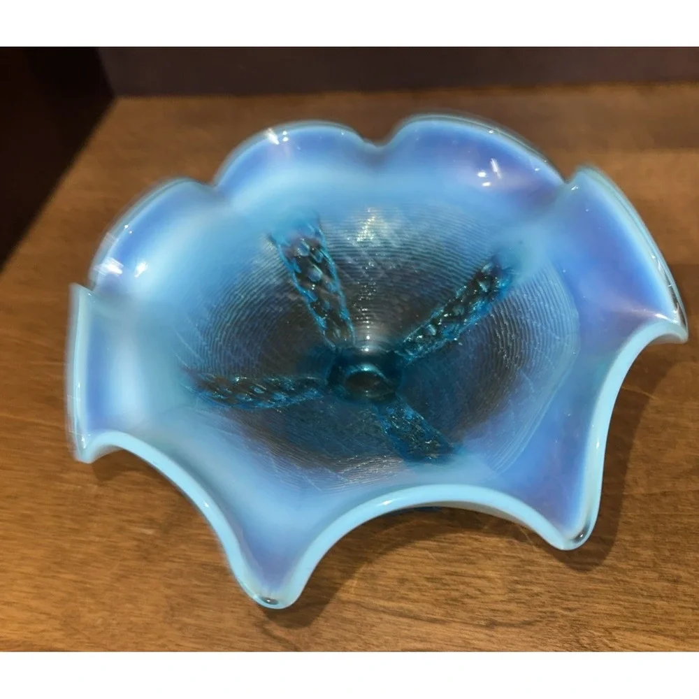 Northwood or Dugan Glass Pedestal Bowl Blue Opalescent Glass Antique 7.5